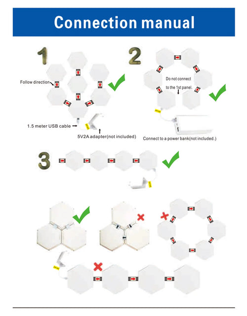 Load image into Gallery viewer, Hexagonal LED Wall Light 12 Count with USB Cable, Remote Control, User Manual, Adhesive Tape and Connecting Piece
