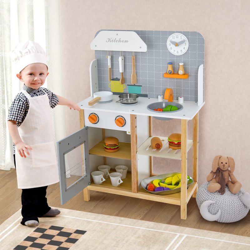 Wooden Toddler Pretend Kitchen Set with Cookware Accessories for Boys and Girls