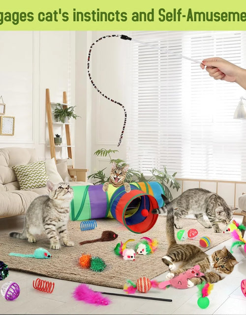 Load image into Gallery viewer, 32 PCS Cat Toys Kitten Toys, Variety Catnip Toys with Rainbow Tunnel Interactive Cat Feather Teaser Spring Toy Set for Cat, Kitty
