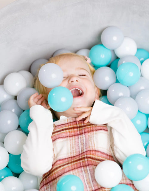 Load image into Gallery viewer, Grey Velvet Ball Pit with 200 Aqua, White, &amp; Grey Balls
